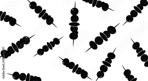 Black silhouette pattern of stylized food skewers with round and oval snacks on sticks.