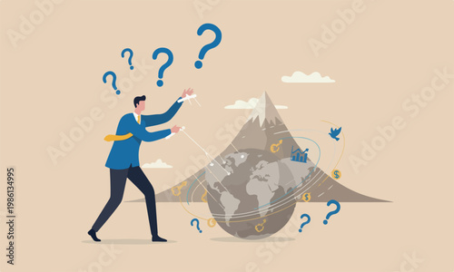 power boulder mountain peak conspiracy theory concept, anonymous businessman hand with puppet string control the world