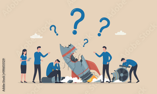 Fail The the teams together flat design with clean lines and minimal shading crash launching space rocket metaphor of new business failure