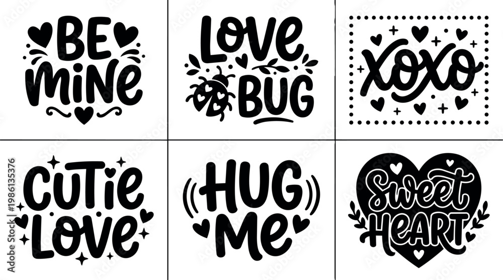 Obraz premium Black and white hand lettering of six love phrases with hearts and decorative elements