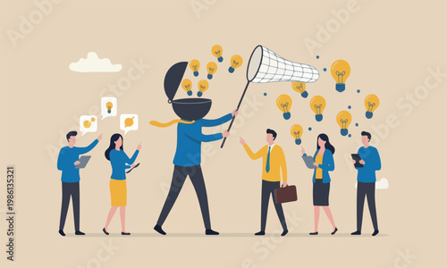 New creative, ideation solution meeting teams innovation, development or learn skills concept, businessman open his head to using butterfly net to cat light bulb idea