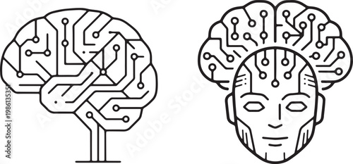 Art & Illustration, Line art graphic featuring a human brain made of circuits and a cyborg face, symbolizing AI and machine learning.
