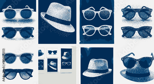 Retro Sunglasses and Fedora Hat Collection, Vintage Style, Dot Art