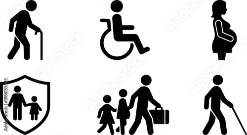 Black and white icons of elderly disabled pregnant family protection and walking stick
