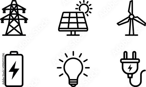 Line art icons of electricity solar panel wind turbine battery light bulb and plug
