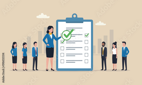 Evaluation or, together pink bank performance review for improvement, satisfaction feedback checklist, appraisal or measure performance, businesswoman giving tick on evaluation checklist