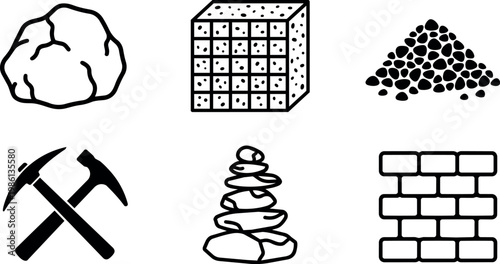 Natural and cut stones with mining tools and stone wall