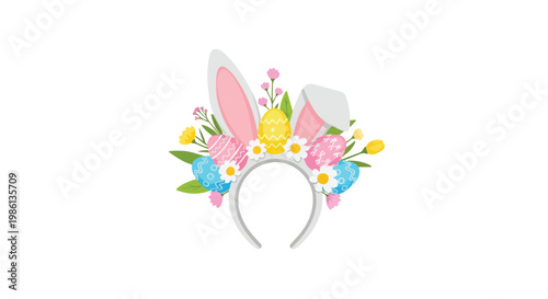 Colorful bunny ears headband with floral decorations for Easter or spring