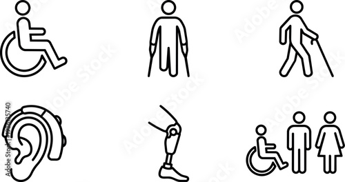 Line art icons of accessibility symbols with wheelchair ear prosthetic and cane