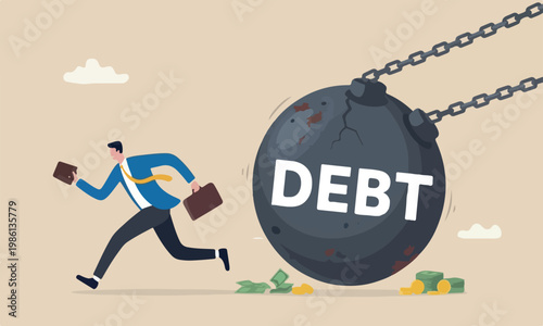 Debt problem financial loan crisis, liability or credit failure, no money to pay for debt, mortgage default concept, business man run away from heavy wrecking ball with the word debt