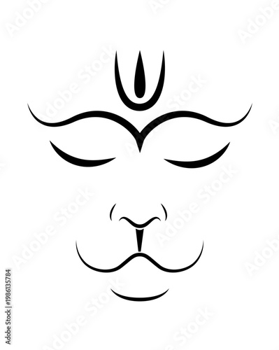 Minimalist face design with closed eyes and calm expression. Bold lines form serene, symmetrical features. Centered forehead mark adds spiritual symbolism. Perfect for meditation, wellness