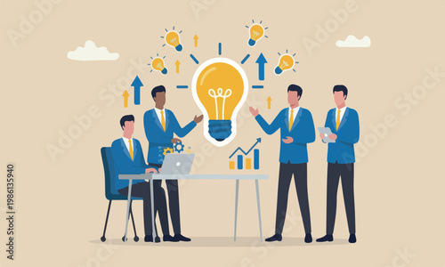 Entrepreneur discover meeting teams together innovation, smart businessman working with computer laptop on bright light bulb idea