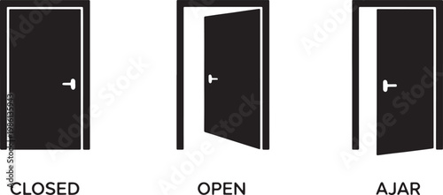 Tableau sur toile Closed door, open door, and ajar door black vector icons representing different states of entry and exit