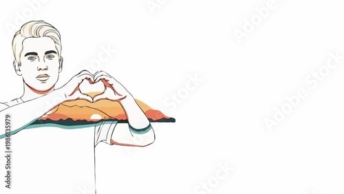 Handsome young man making heart gesture with hands against beautiful sunset landscape background symbolizing love and nature connection. Minimalist aesthetic line art with soft warm color palettes.