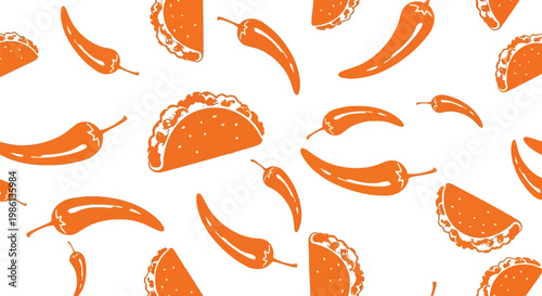Seamless pattern of orange hand-drawn tacos and chili peppers for mexican food background