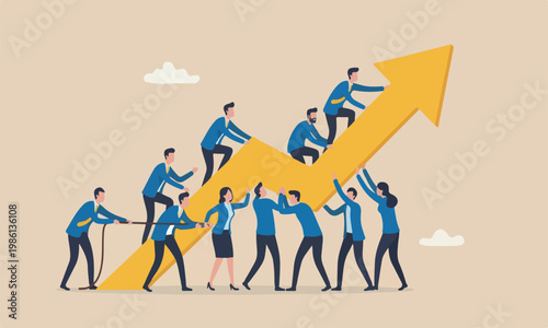 Teamwork and collaboration colleagues, togetherness and support each other to achieve business goal concept, group of businessmen and women office workers help and support to pull rising up
