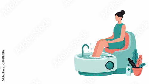 Young woman relaxing in modern electronic foot spa bath at home or salon for wellness and self care treatment. Pedicure procedure and relaxation. Clean minimalist flat vector illustration character.