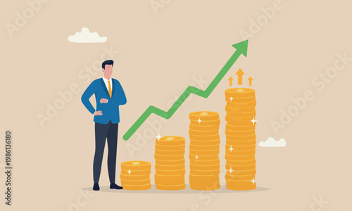 Success management income, rich life, earning profit or growing pension fund, prosperity concept, rich businessman with coin stack and growth chart
