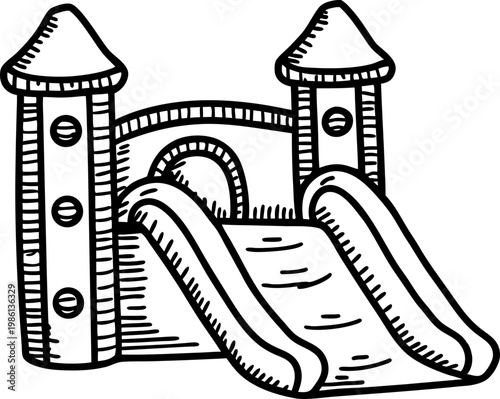 Hand drawn inflatable bouncy castle with double slide, kids playground entertainment fun