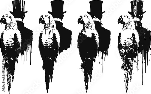 black and white artistic design of a parrot with a man wearing a top hat silhouette in grunge