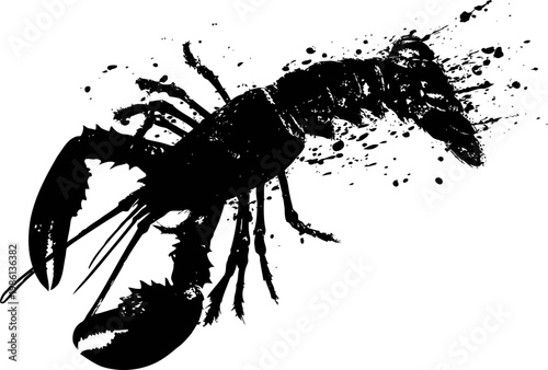 lobster silhouette with ink splatter art seafood illustration, crustacean design, aquatic marine animal graphic