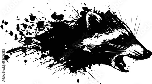 Aggressive raccoon head artwork with ink splashes and dynamic brush strokes in black and white design