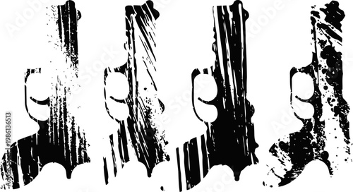 abstract grunge guns silhouette set black distressed pistol illustrations with textured effect