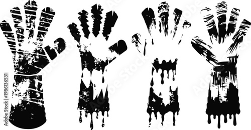 Set of gothic horror zombie hands with dripping blood and decayed skin, spooky halloween design elements