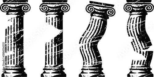 Four ancient ionic marble columns illustrating different states perfect, damaged, bent, broken classical architecture