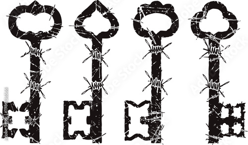 Vintage grunge keys with barbed wire wrapped on black silhouettes set of old decorative metal keys