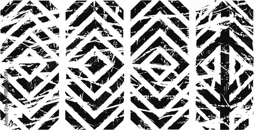 Abstract black and white grunge geometric pattern with distressed zigzag and diamond shapes texture