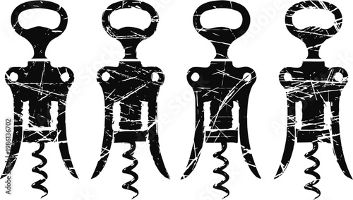 Vintage corkscrew illustration set four rustic bottle openers with spiral metal screws in black and white