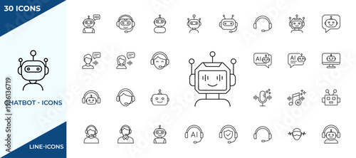 Chatbot line icons. Chatbot and virtual assistant line icons for customer service bots. robot heads support agents headsets and artificial intelligence customer interface icons.