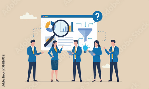 Business data,meeting teams together database or statistics, marketing technology or data funnel or indicator concept, businesswoman work with data analysis and magnifying glass