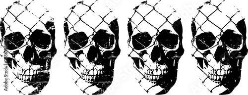 Four black skulls with chain link fence overlay on white background, dark illustration of death and danger