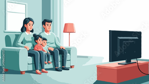 Happy family with two children sitting on sofa together watching television in cozy living room interior at home. Domestic life and bonding time. Modern vector flat illustration with soft lighting.