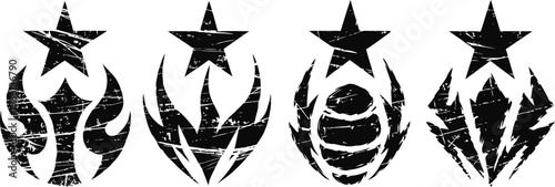 Set of grunge tribal emblems with stars and abstract symmetrical shapes in black silhouette