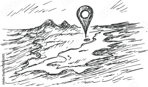 hand drawn map with location pin marker showing journey path landscape and destination