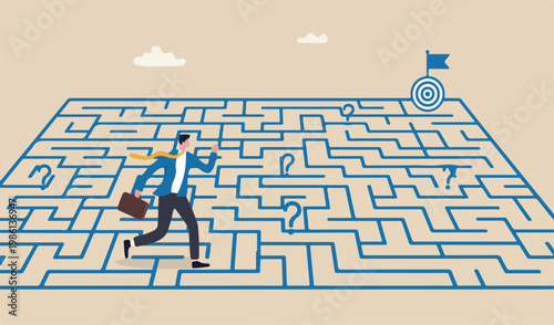 Solving maze problem, business solution to reach goal or target, challenge to solve problem labyrinth concept, businessman run to solve