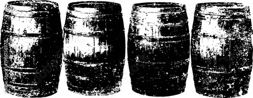 Four old wooden barrels lined up side by side vintage barrels with visible wood texture and metal bands rustic container storage illustration