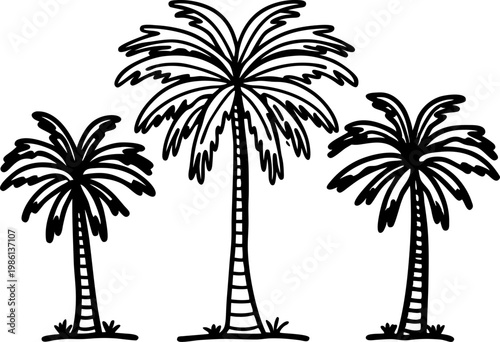 Three black and white palm trees silhouette drawing with detailed leaves and trunks