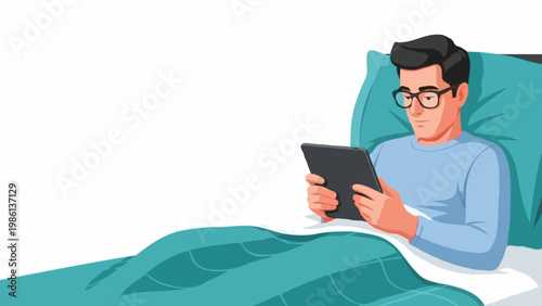 Young man with black hair and glasses wearing blue pajamas sitting in bed and using a digital tablet at night on a white background, technology and relaxation. Modern flat vector character design.