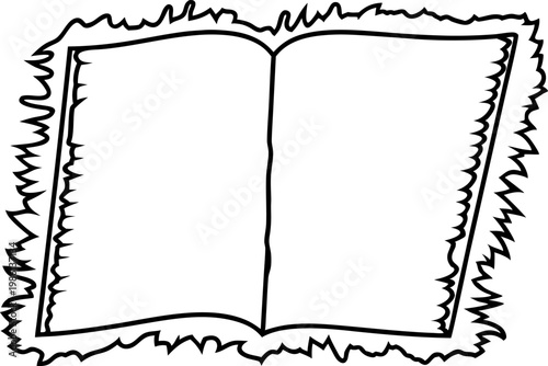 Open ancient book with torn pages and decorative edges, old manuscript or magical grimoire concept