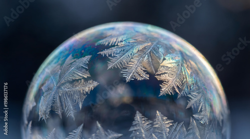 Close-up Macro Photography of a Frozen Bubble with Intricate Ice Crystals Forming on its Surface