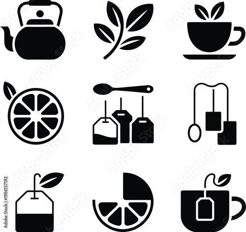 Tea and beverage icon set, black and white vector collection featuring teacups, coffee mugs, kettles, and drink-related symbols, ideal for café menus, packaging, and hospitality design projects.