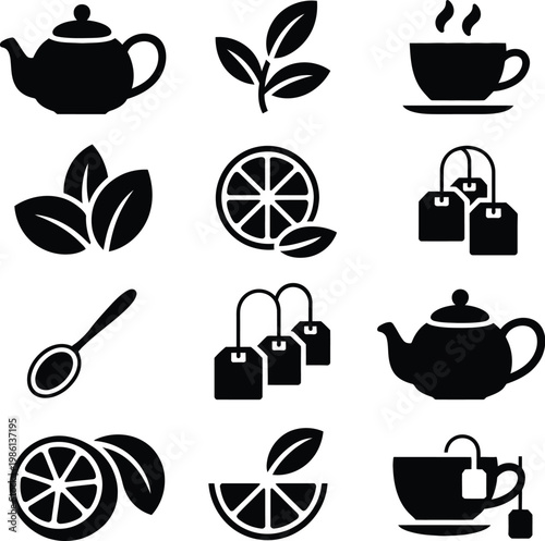 Tea and beverage icon set, black and white vector collection featuring teacups, coffee mugs, kettles, and drink-related symbols, ideal for café menus, packaging, and hospitality design projects.