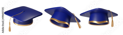 Photos Set of 3d Blue Graduation cap or hat with golden Tassel in different angles, isolated on the background