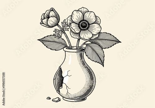 Vintage Botanical Illustration of Anemone Flowers in a Cracked Ceramic Vase, Hand-Drawn Line Art Engraving Style with Stippling and Hatching Details