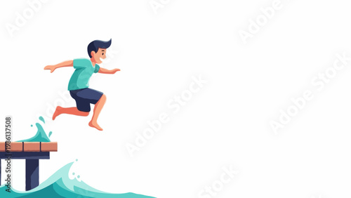 Energetic young boy jumping from a wooden pier into the sea with splashing waves on a white background, summer joy and childhood freedom concept. Modern flat vector illustration with dynamic.