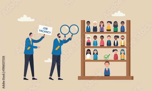 HR, human resources candidate to fit in job or career vacancy, diversity, people management or searching for best employee concept, business people human resources team looking at people dolls